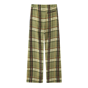 Pantalon en lin pour femme avec motif à carreaux vert et jaune au design décontracté
