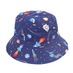 Detailed close-up of children's navy bucket hat featuring colorful space and rocket prints