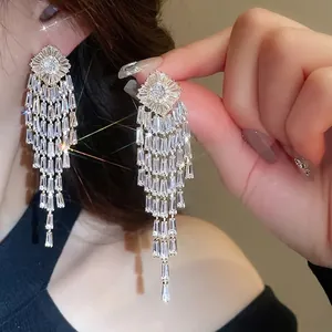 Rhombus Tassel Earrings Zircon Copper With 925 Sterling Silver Earring Post Long Cascading Fringe For Women Wedding Party