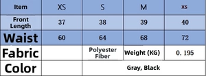 Detailed size chart for pleated mini skorts showing measurements in XS, S, M, and L sizes