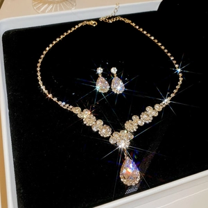 Detail of luxury teardrop crystal necklace and earrings set in black velvet box