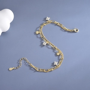 Elegant s925 silver gold double-layer bracelet with daisy and clover zircon pendants