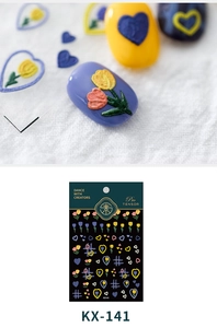 Detailed macro view of KX-141 5D embossed nail stickers featuring tulip and heart patterns