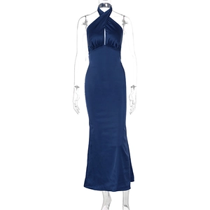 Detail of navy satin gown featuring a cross halter neckline and subtle pleated cut-out