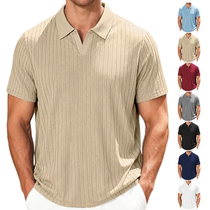 Herren Polo Shirt Kurzarm Vertikal Gestreift Jacquard Textur V-Ausschnitt Revers Casual Atmungsaktiv Oberteil