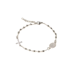 Silver stainless steel beaded bracelet with cross and religious oval medallion charms