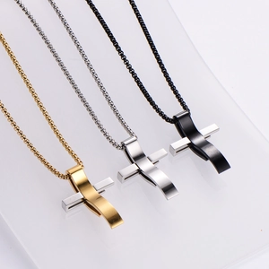 Cross clip pendant necklaces in gold, silver, and black with stainless steel box chains