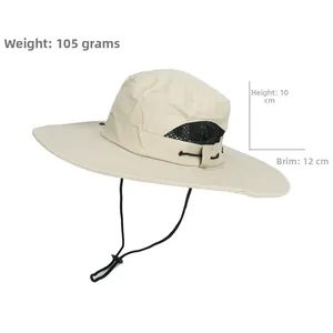 Detail view of beige sun hat with 12cm brim and breathable mesh showing 105g weight