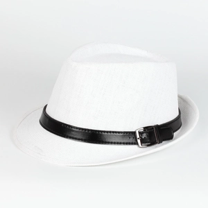 Detail of white straw fedora hat featuring a black leather band and silver metal buckle