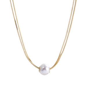 Double-layered golden titanium steel necklace with a white pearl pendant on a white background