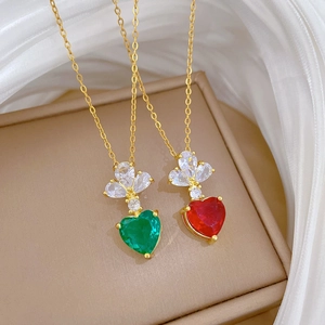 Elegant Heart Pendant Necklace Stainless Steel Chain Copper Inlaid Zircon Crown Flower Vintage Luxury Jewelry For Women