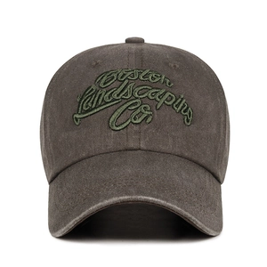 Vintage washed dark gray baseball cap with green Boston Landscaping Co. embroidery