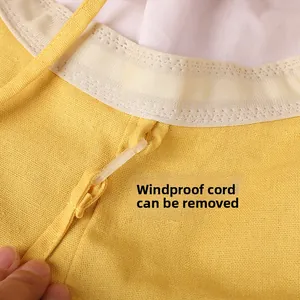 Detail of the detachable windproof rope hook and white lace trim on the linen sun hat