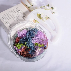 Macro shot of circular resin mold featuring embedded colorful flowers and clear handle