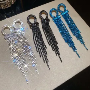 Elegant silver, black and blue rhinestone tassel drop earrings with geometric hollow design