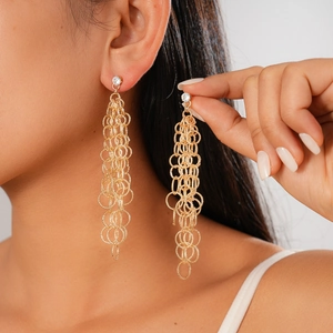 Boucles D'Oreilles Longues À Pompons À Anneaux Géométriques Entrelacés Avec Zircon Et Tige En Argent Bijoux