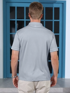 Rear view of men's grey slim fit polo shirt featuring classic collar and breathable fabric