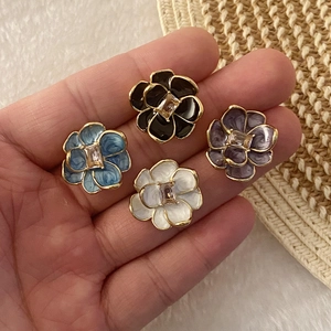 Vintage Camellia Flower Stud Earrings Stainless Steel Enamel Oil Drop Cubic Zirconia Elegant Jewelry For Women