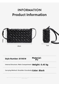 Detailed size specifications of black woven PU leather crossbody bag with dimensions