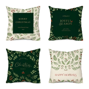 Set of four Christmas pillow covers with holly leaf prints and holiday greetings