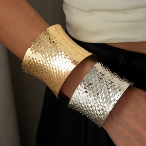 Wide Cuff Bracelet Alloy Woven Texture Geometric Open Design Heavy Metal Style Statement Jewelry For Women Adjustable