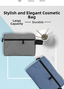 Flat lay of gray and blue oxford fabric toiletry bags with black zippers and side handles