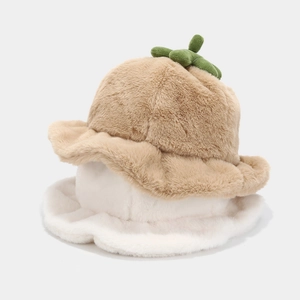 Cute plush pumpkin bucket hat with green leaf decor for winter warmth in khaki and white