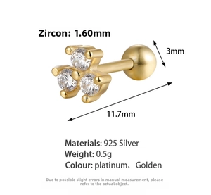 Detail of 925 silver flower stud earring with three zircons and screw ball back