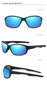 Three views of sand black polarized sports sunglasses with blue mercury lenses in model C5