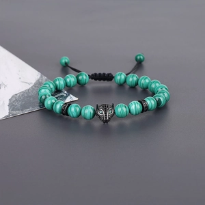 8mm malachite bead bracelet with micro-paved leopard head and adjustable black cord