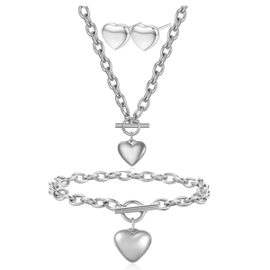 Set di gioielli in acciaio lucido con ciondoli a cuore e catene con chiusura a T