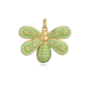 Exquisite gold-plated bee pendant with green enamel wings and tiny floral details