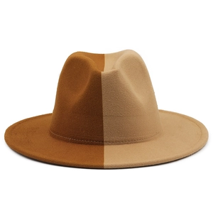Detail view of two-tone wool felt fedora with brown and beige color block design
