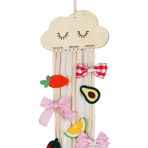 Cloud wood hair clip organizer with cotton tassels for girls' nursery wall decor