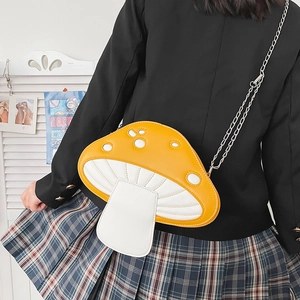 Quirky yellow mushroom shaped PU leather crossbody bag with silver chain strap for women