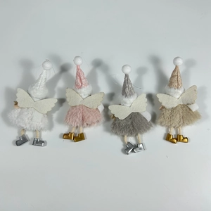 Detail of four creative plush angel dolls for Christmas tree decoration in mixed colors