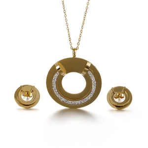 Golden stainless steel jewelry set featuring hollow circular necklace and matching earrings