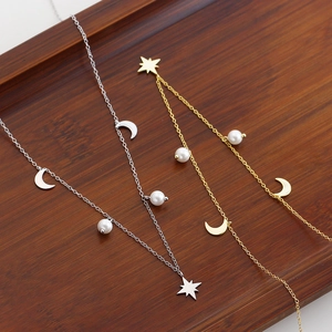 Elegant s925 silver star and moon necklaces with pearls in gold and silver finishes