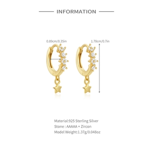 Detailed size specifications for gold 925 silver star earrings with 5A cubic zirconia