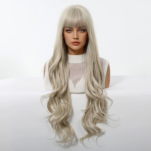 Detail view of long wavy platinum blonde synthetic wig with air bangs on mannequin