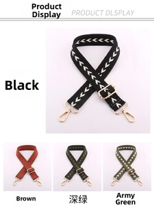 Detailed view of adjustable chevron woven straps in multiple colors with gold metal hooks