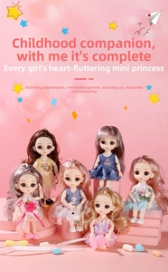 Detail view of six mini princess dolls with varied outfits and articulated joints