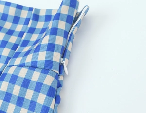 Detail of side invisible zipper closure on blue and white gingham plaid A-line skirt