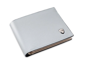 Close-up of slim men's bi-fold wallet with cross-grain texture and silver shield logo