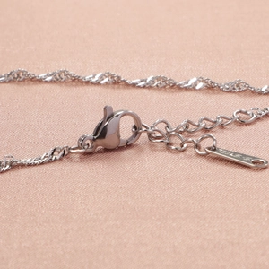 Detail van zilveren golfketting met karabijnsluiting en gegraveerd S.STEEL label