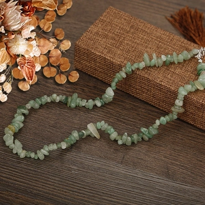 Handmade natural green crystal stone necklace with multi-layer gravel beads on wood