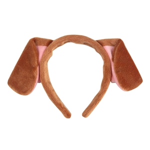 Detail of plush Dalmatian dog ears headband in brown and pink for Halloween costume