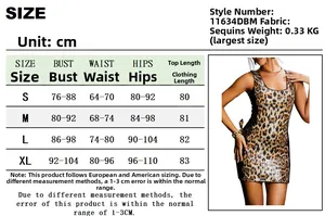 Size guide table for leopard print sequin bodycon dress showing CM measurements