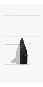 Detailed view of black nylon chest bag dimensions and size comparison with A4 magazine