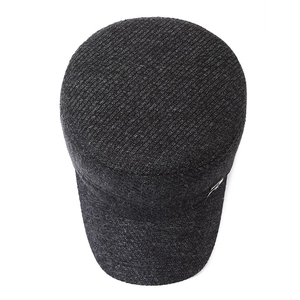 Men's dark grey flat top wool military cap with warm ear flaps and textured wool blend